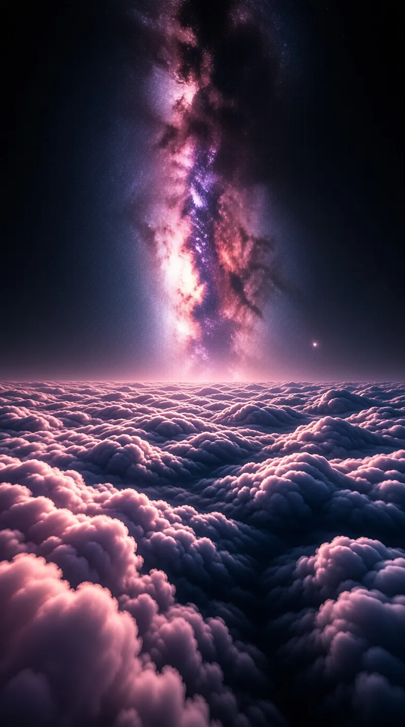 A vibrant cosmic nebula dominates the sky above a sprawling landscape of soft purple clouds.
