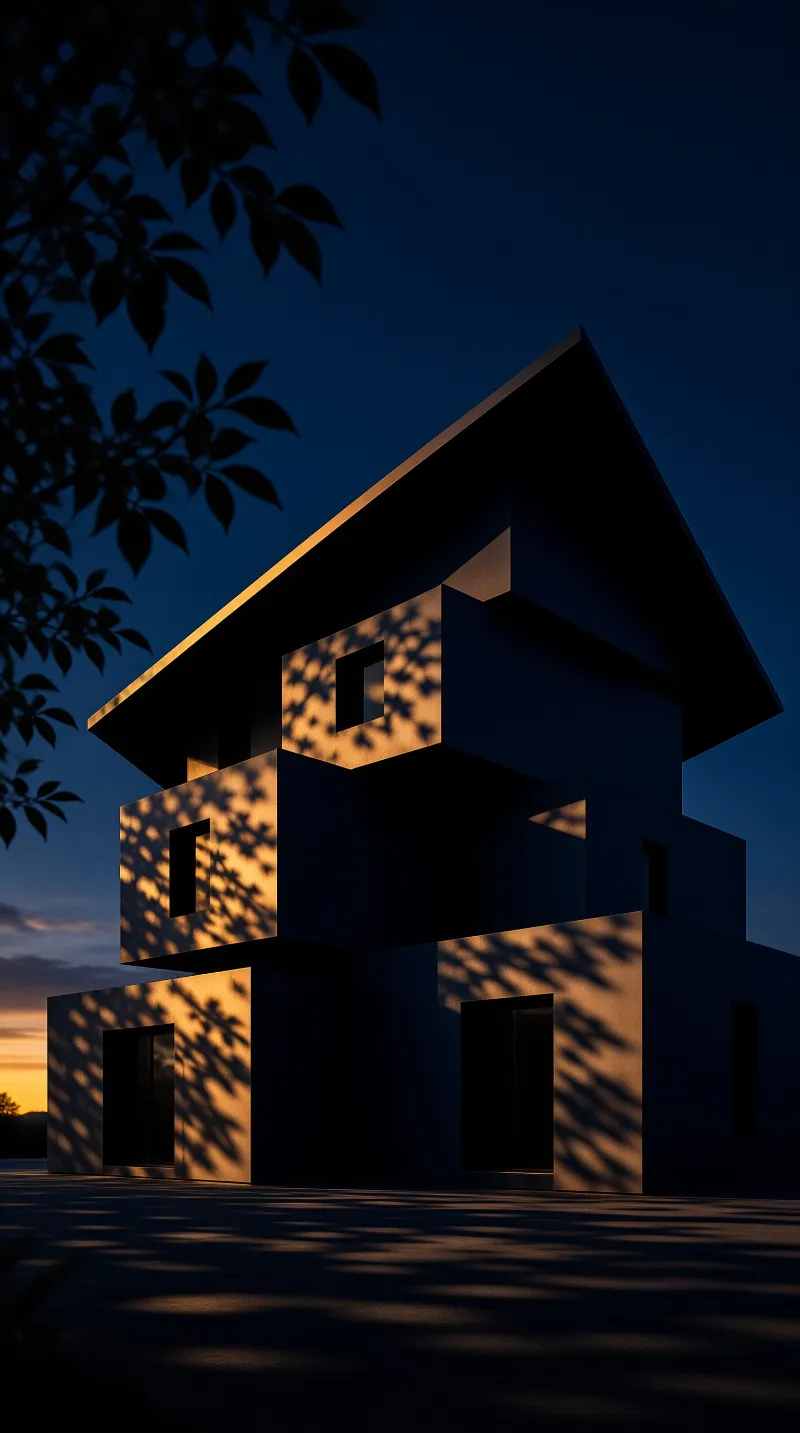 A cubic modern house is draped in dappled leaf shadows as sunset light warms its pale walls under a deep blue evening sky.