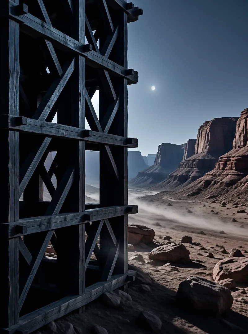 A dark timber lattice structure frames a moonlit desert valley of red mesas and drifting sand.