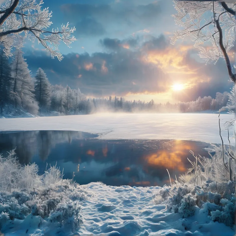 Snow-covered frozen lake surrounded by frosted pine forest, low winter sun casts golden light on the unfrozen dark water.