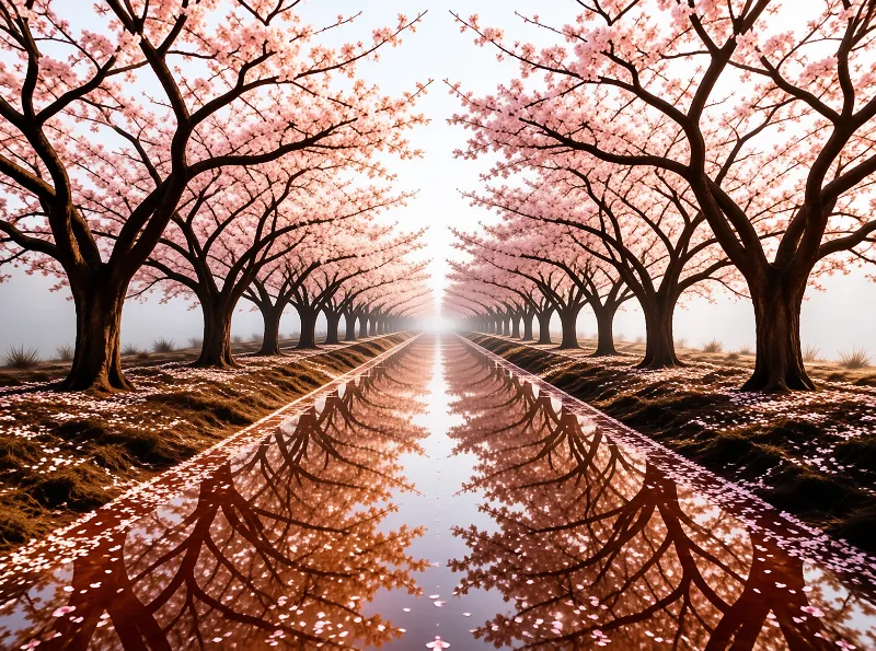 Rows of pink blossom trees arch over a mirror-still canal that doubles their branches into perfect symmetry.
