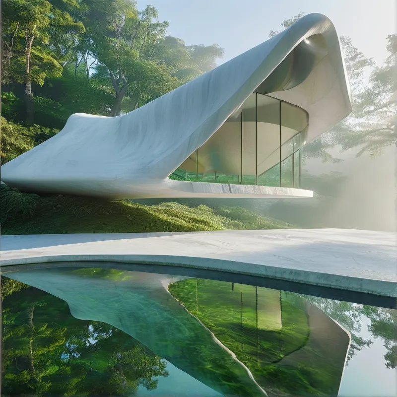 A white building with a curved sweeping roof sits amidst green forest trees with its reflection visible in the water below.