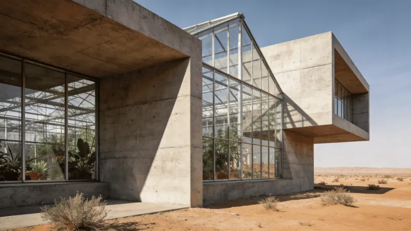 Greenhouse with Brutalist Massing — Desert Plain