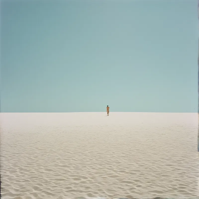 A solitary person stands isolated in the center of a broad white salt flat beneath a uniform pale blue sky.
