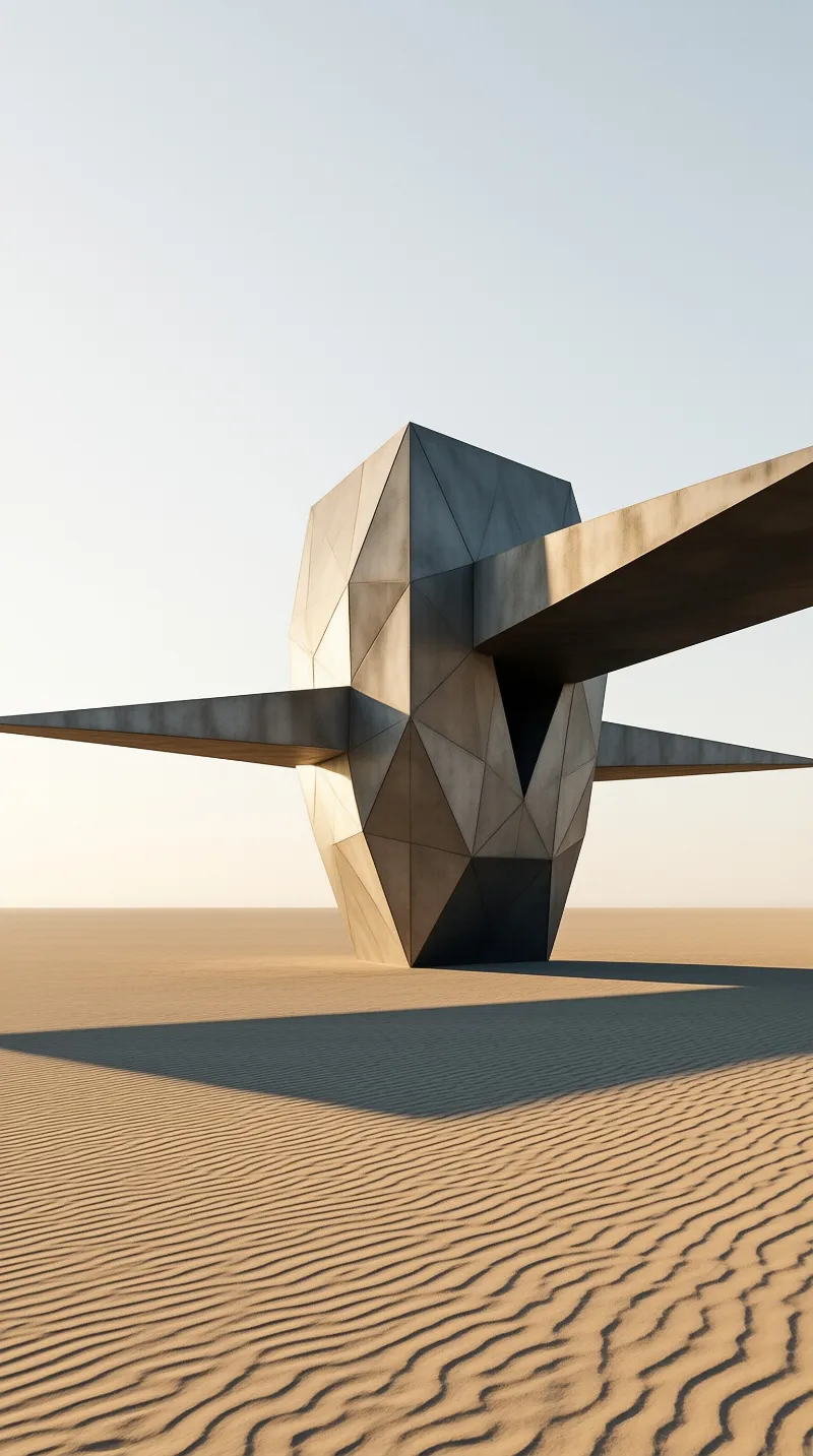 A large angular geometric structure stands alone in a sandy desert casting long shadows under a bright sky