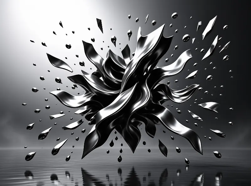 A shiny silver liquid creates a floral explosion suspended above a calm reflective plane.