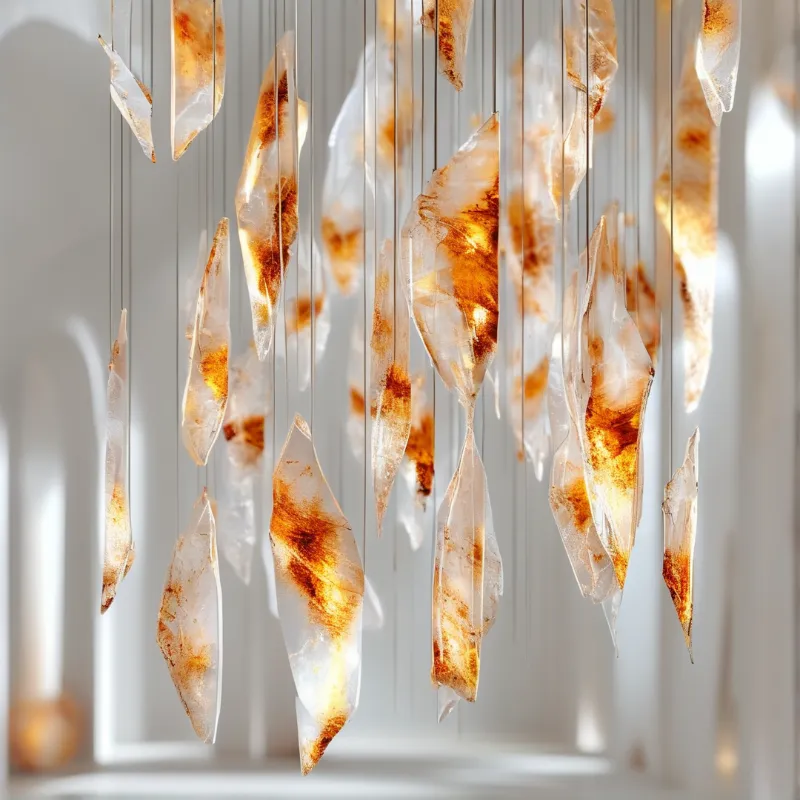 Translucent blades flecked with rust orange hang at different heights, catching daylight against a pale interior.