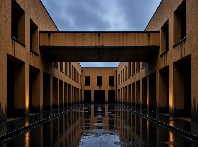 Symmetrical ochre courtyard architecture stands under an overcast sky with wet ground reflecting the warm lights.