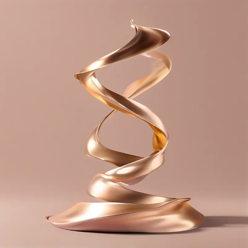 A twisted piece of gold-colored metal forms a vertical spiral standing on a plain beige surface.