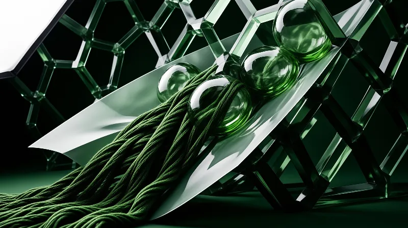 Emerald glass orbs and twisted green cords slide across a polished metal ramp before a jade hexagon lattice.