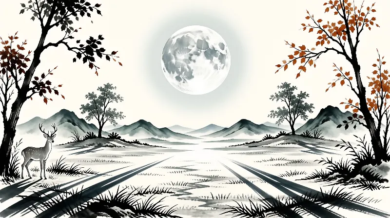 A watercolor illustration depicts a deer standing on the left side beneath a large full moon in a misty landscape where trees with autumn leaves frame the scene and distant mountains fade into the white background while dark grass clumps lead the eye toward the center horizon.