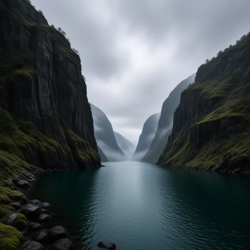 A deep body of water flows between tall, moss-covered rock faces that fade into a thick fog in the distance under a cloudy sky.