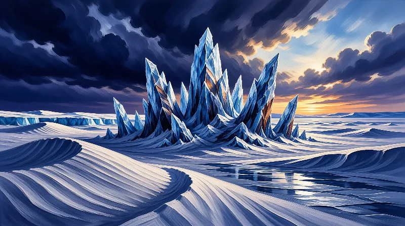 Sharp blue ice formations rise from a snowy plain under dark clouds while golden sunlight breaks through on the horizon.