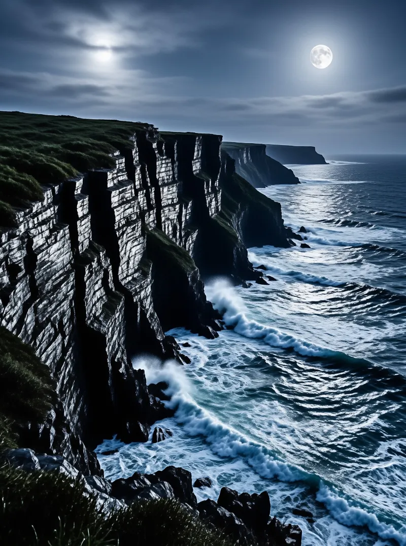 Rugged vertical rock formations line a steep coastline where white waves crash against the base under a bright full moon.
