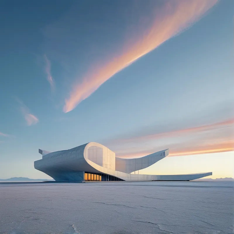 A futuristic white structure with sweeping curves stands alone on a vast salt flat under a twilight sky.