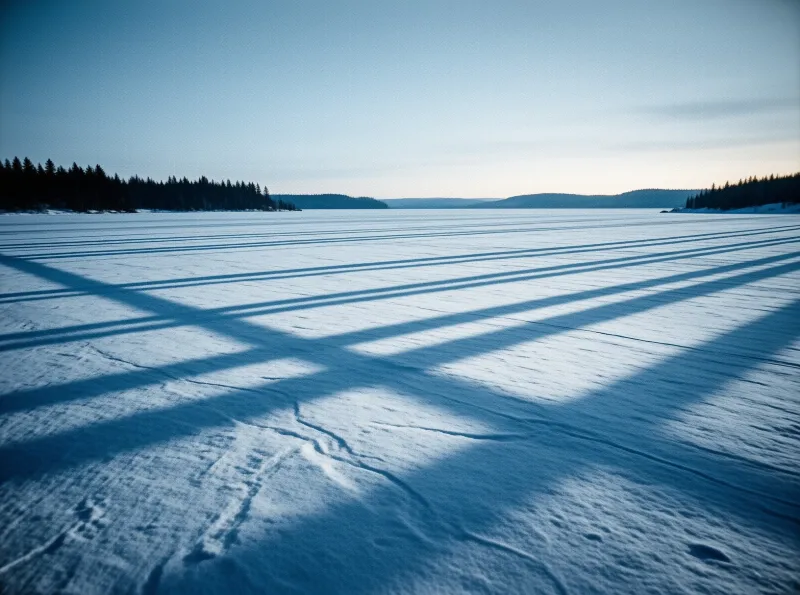 Wide view of a frozen lake covered in snow with long dark shadows stretching across the surface under a pale blue sky.