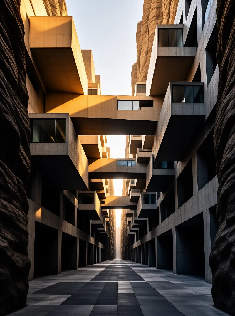 A symmetrical view down a corridor flanked by massive angular structures bathed in warm sunlight against deep shadows.