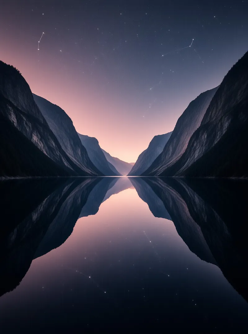 A dark mountain valley meets a still lake that perfectly reflects a starry sky and a warm pink horizon glow.
