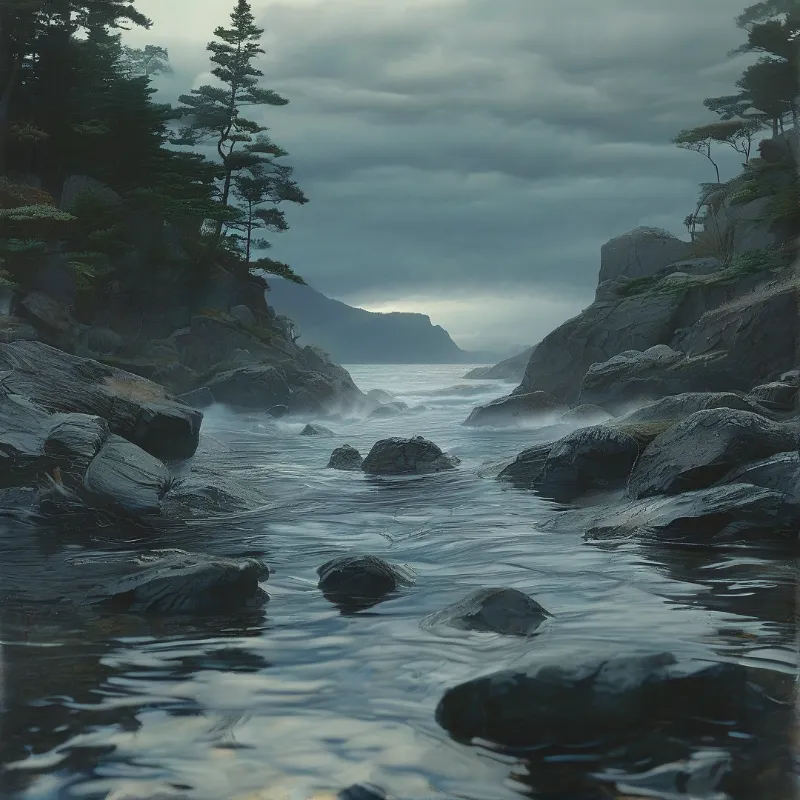 Dark wet rocks line a narrow waterway leading toward distant misty cliffs beneath a gloomy cloudy sky.
