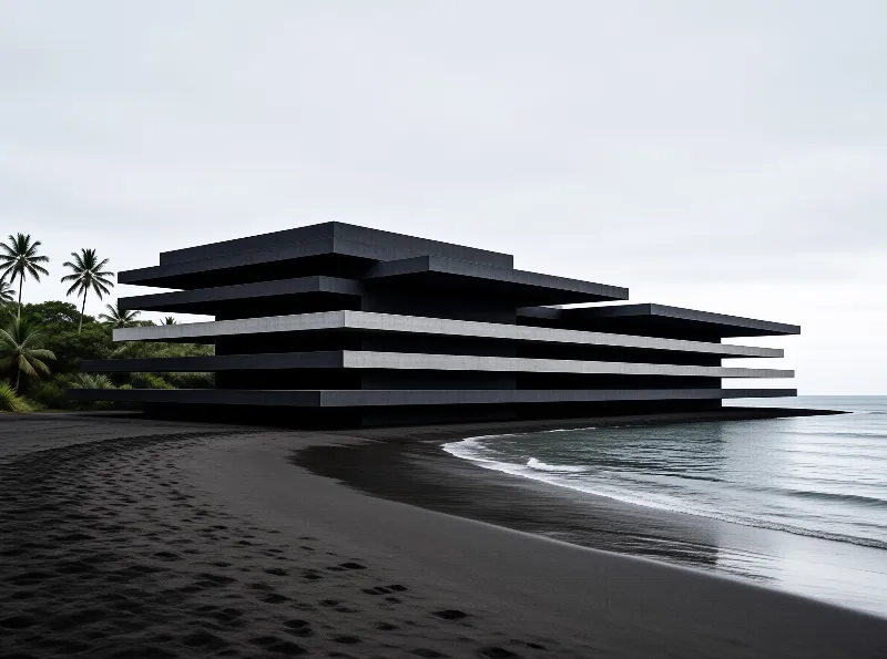 Horizontal layers of dark concrete sit at the edge of a black beach, palms swaying under a flat grey sky.