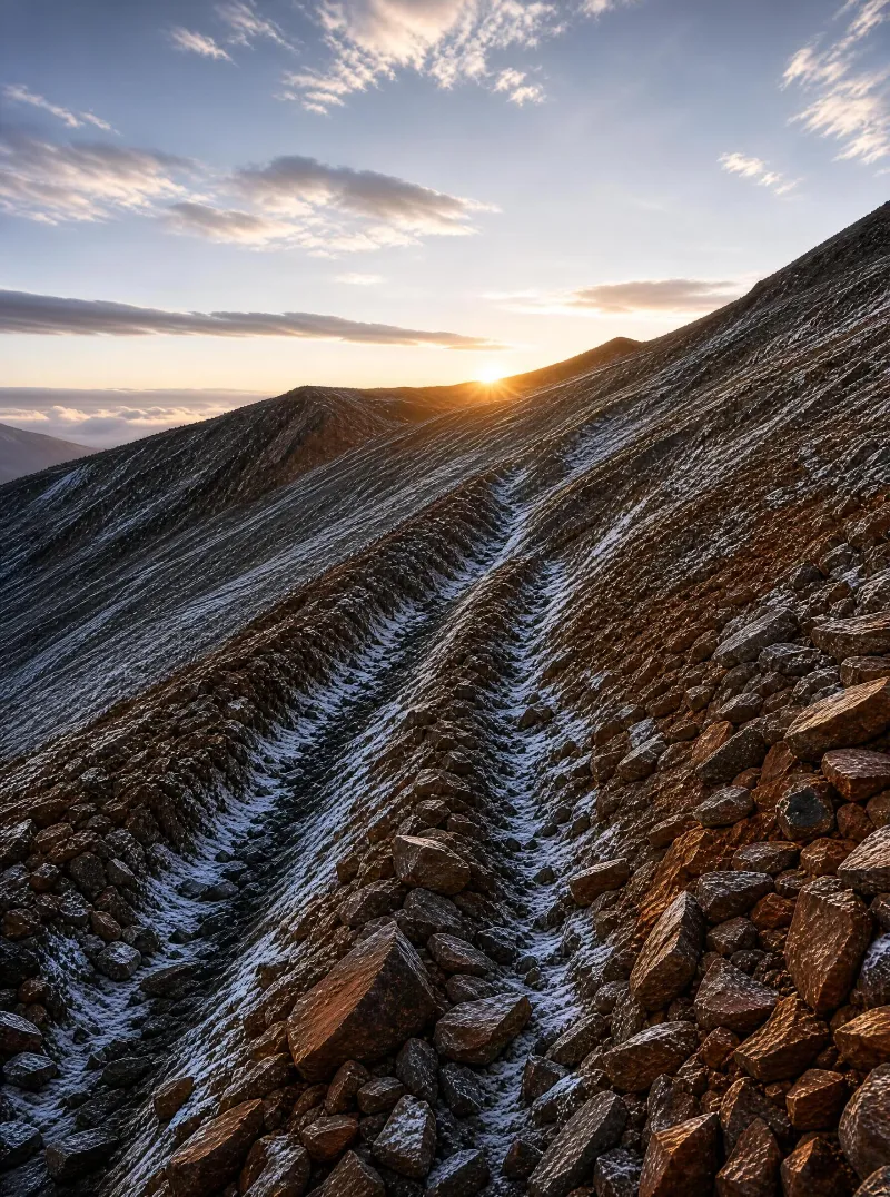 A rocky mountain ridge with patches of snow, bathed in the warm glow of sunrise as the sun rises over distant peaks