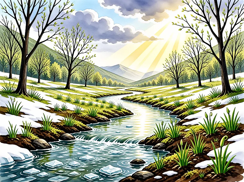 Clear water winds through a valley where white snow patches meet fresh green grass and budding trees under bright sunlight.