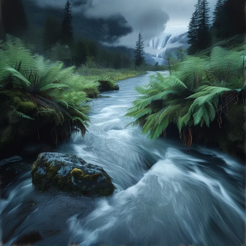 White water rushes past mossy stones in a dark forest leading toward a distant cascade.