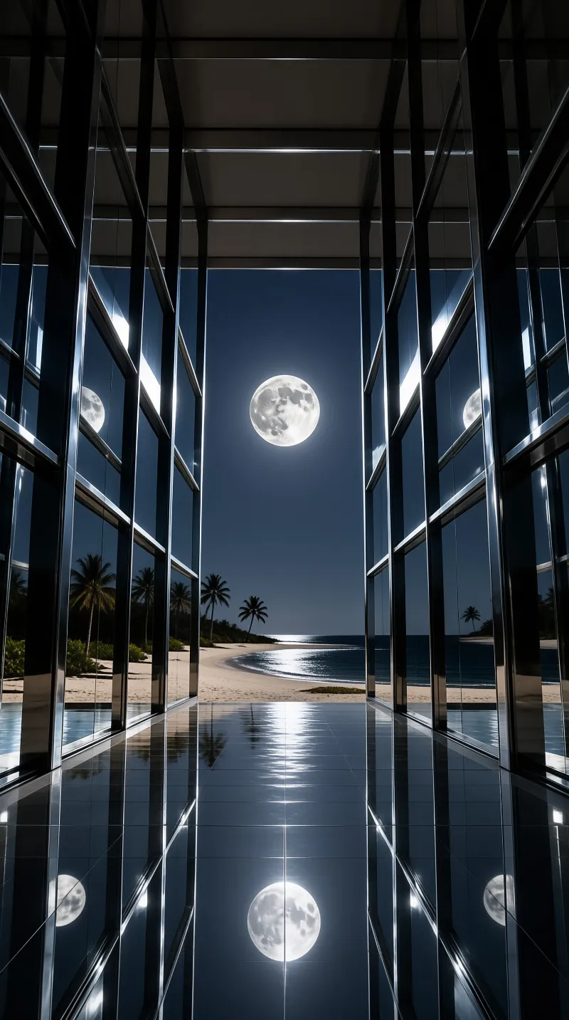 A large full moon shines over a beach while its bright light is reflected in the polished floor and glass walls of a modern corridor.