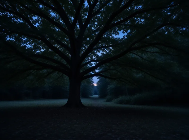 A massive dark tree branches out across the foreground while a road disappears into a blue twilight forest.