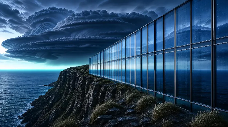 A long glass wall runs along the edge of a rugged coastal cliff, with dark storm clouds looming above and the deep blue ocean stretching to the horizon