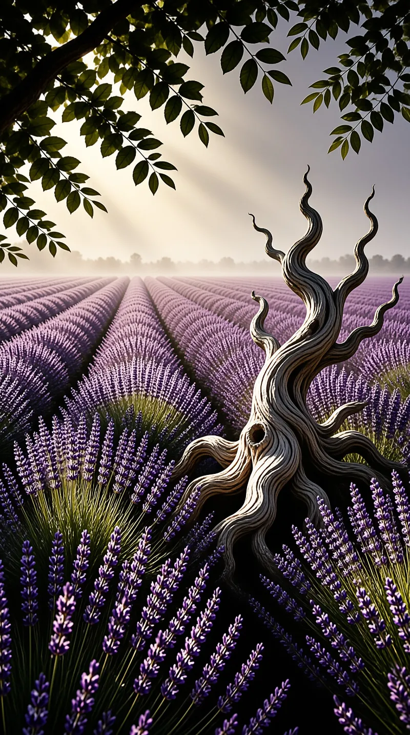 Rows of purple lavender stretch to a misty horizon, framed by a gnarled bare tree and sun rays through overhanging branches.