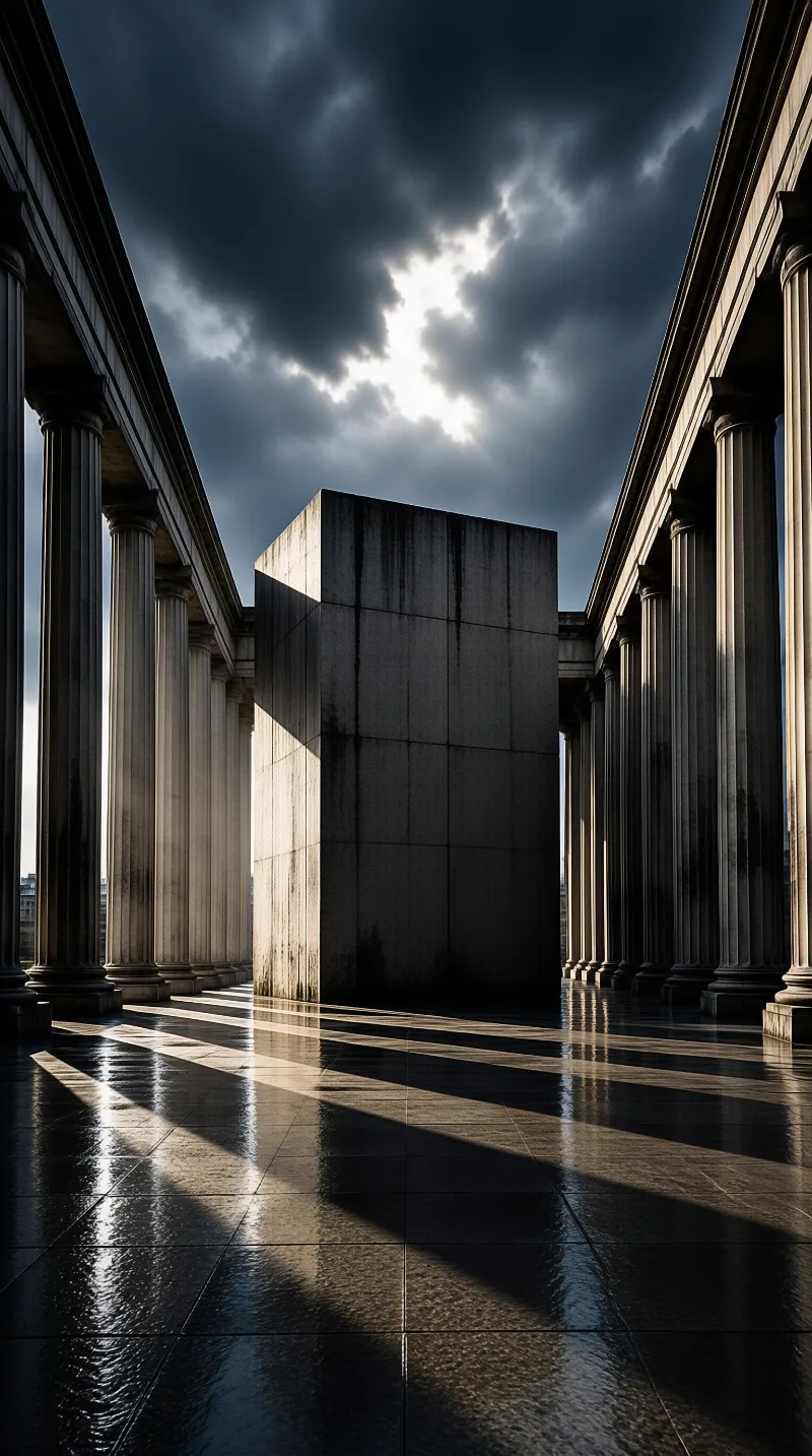 A massive rectangular stone block stands centrally between symmetrical classical columns under a dramatic stormy sky.