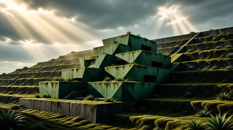 A mossy geometric ruin sits on terraced hills as dramatic sunbeams cut through the dark clouds.