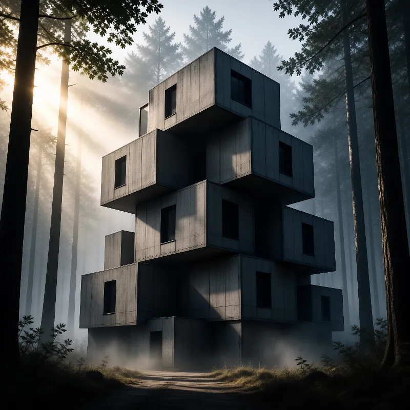 A stacked concrete building stands in a foggy forest while sunlight streams through the trees.