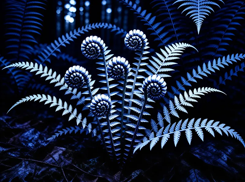 A group of curled fern fiddleheads is illuminated by cool blue light against a dark forest background.