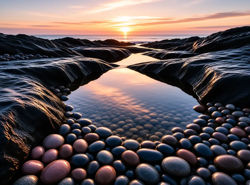 A narrow stream of water flows between dark wet stones towards the ocean horizon under a glowing orange sky.