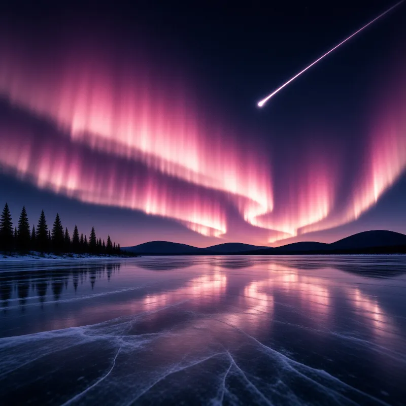 Rose colored aurora curtains ripple across a dark polar sky and mirror on the glossy ice of a lake rimmed by black spruce.