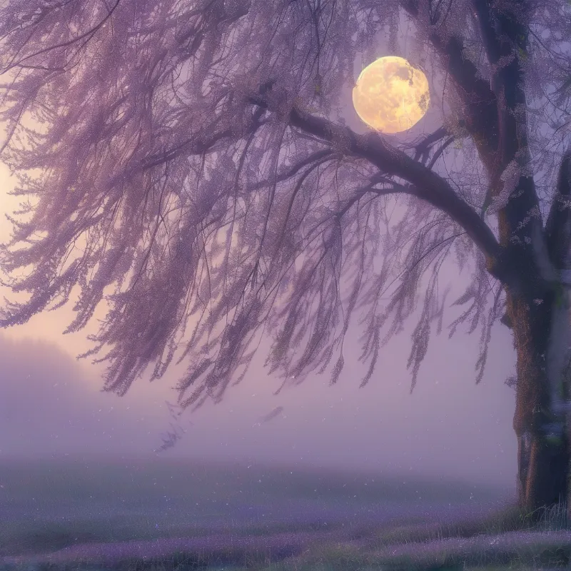 Cascading branches of a large tree frame a glowing celestial body above a shrouded grassy landscape.