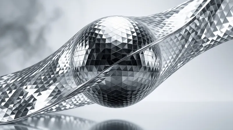 A reflective faceted sphere merges with a twisting metallic wave under sharp studio lighting.
