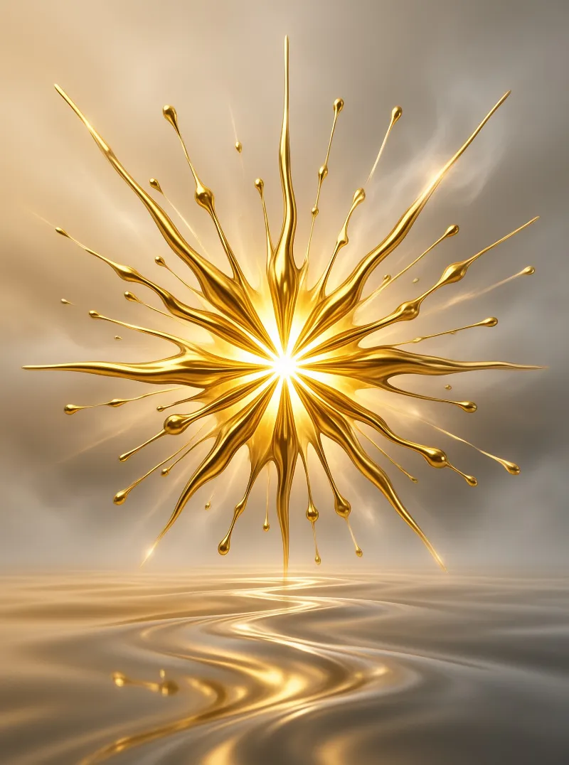 A radiant explosion of liquid metal spikes glows at its core and mirrors softly on the rippled surface below.