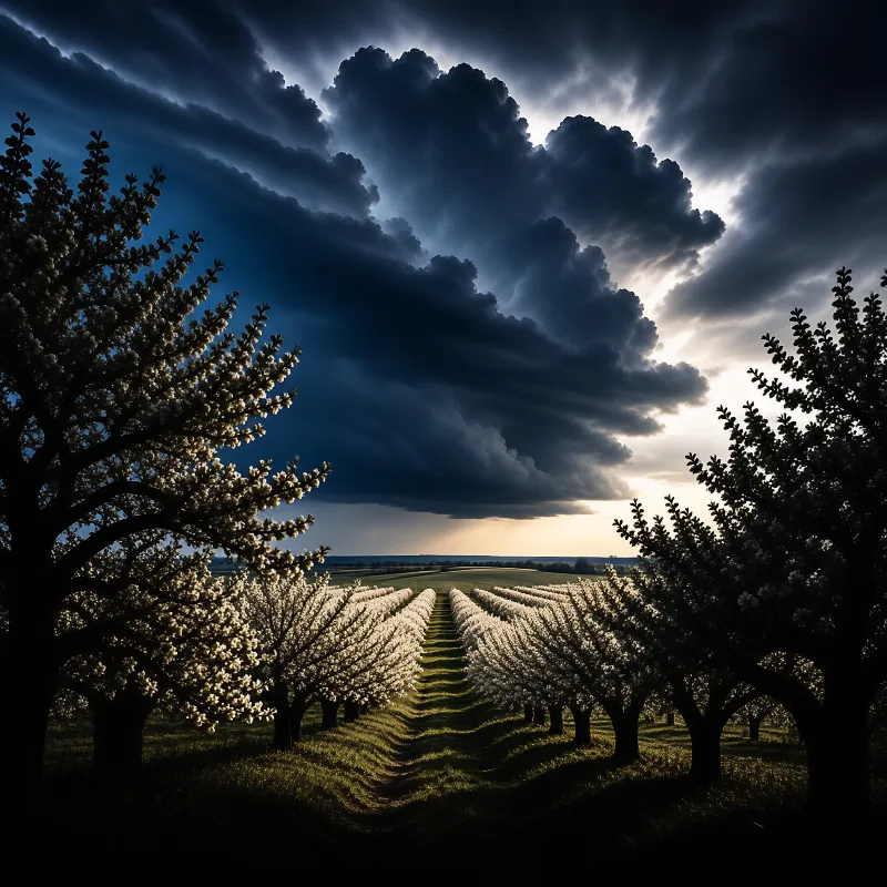 Rows of flowering fruit trees stretch across a green field toward a bright horizon ringed by heavy storm clouds and slanting light.