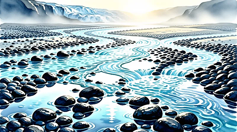 Clear water winds between rounded black stones beneath distant snow capped mountains glowing with soft morning light.