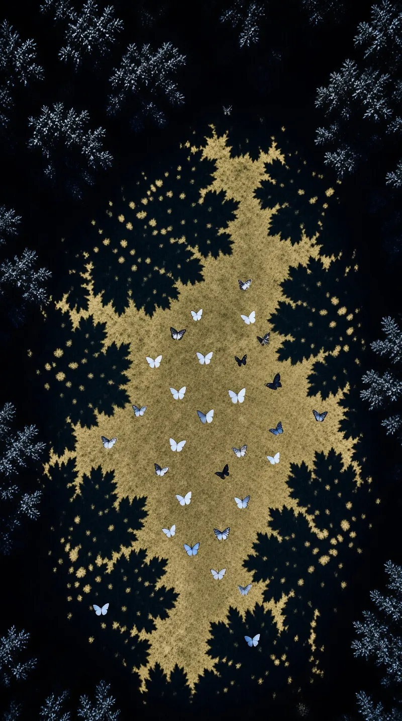 A dark textile pattern of branching gold foliage scattered with pale blue and cream butterflies.