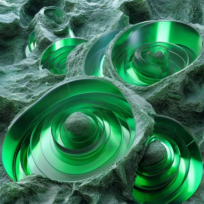 Bright emerald vortex structures are embedded within a rough fibrous mossy landscape.