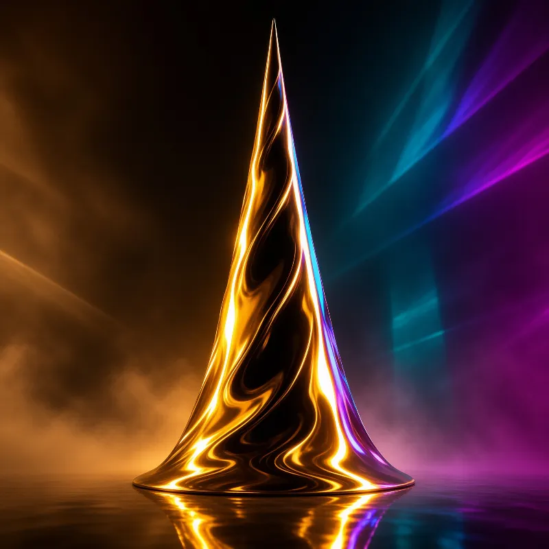 A tapering polished brass form stands on a dark reflective floor under amber and violet light shafts