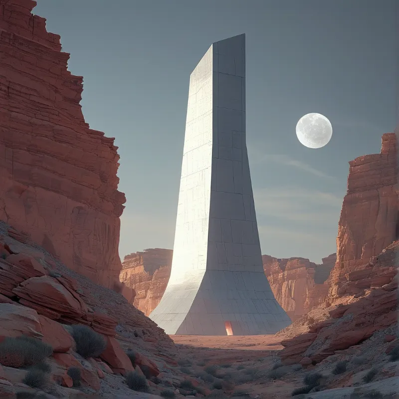 A towering white structure dominates a reddish desert canyon scene with a large moon visible in the sky.
