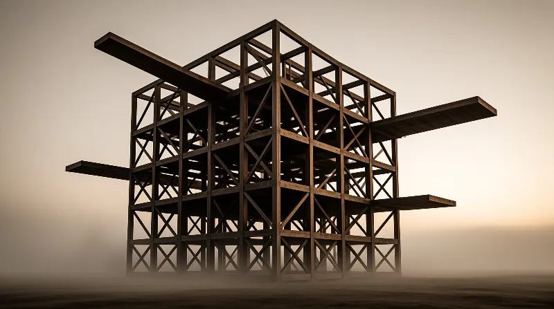 A skeletal wooden building frame stands in fog with beams extending outward against a warm sky.
