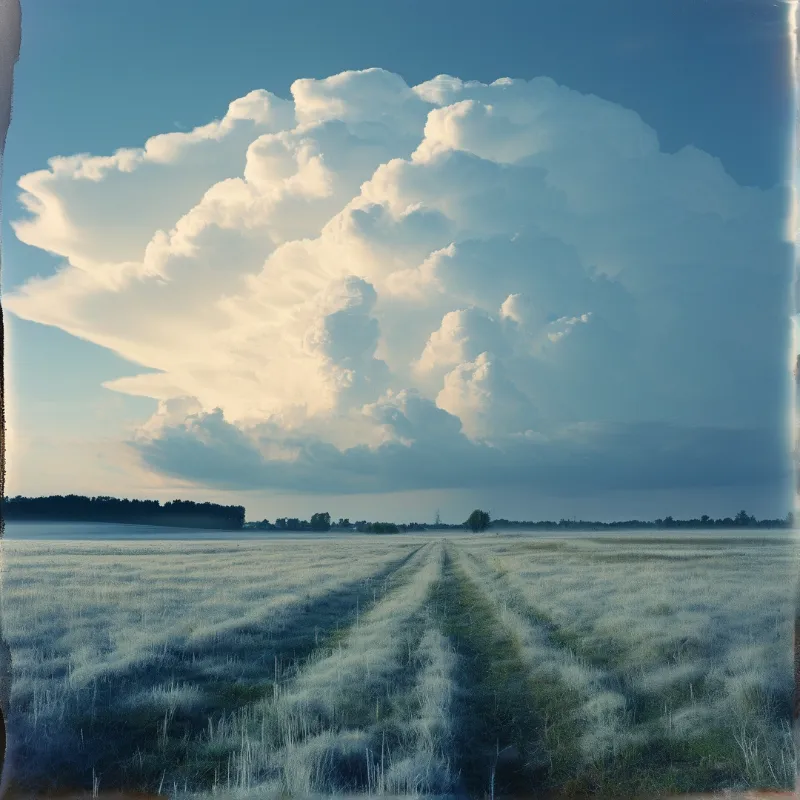 A massive white thunderhead billows above a dew pale grass field, its tractor tracks leading toward a thin line of trees.