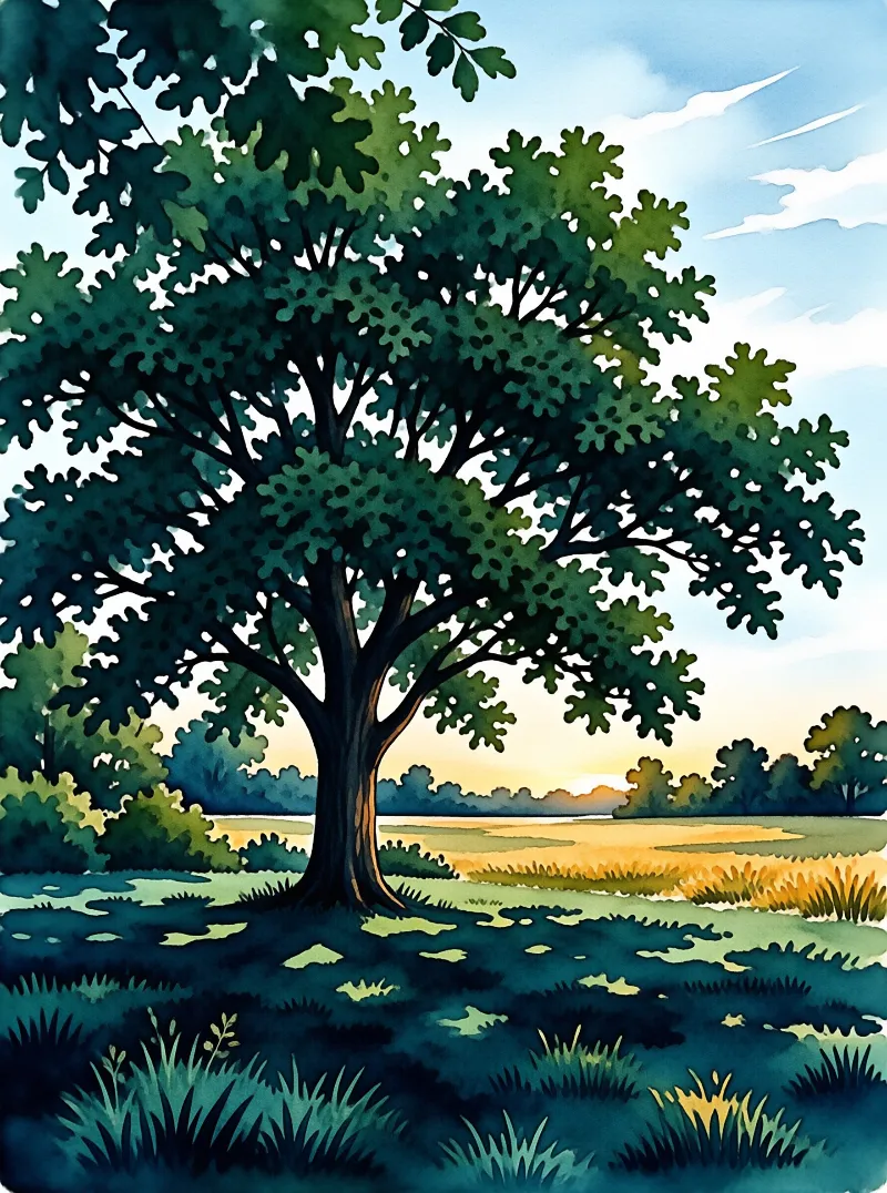 A big oak tree rests in a grassy meadow as golden light spills over the distant treeline under a pale blue sky at dusk