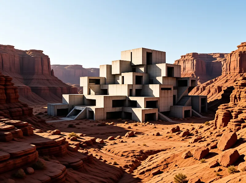 A tiered concrete structure rests within red desert canyons, casting distinct shadows on its blocky surfaces.